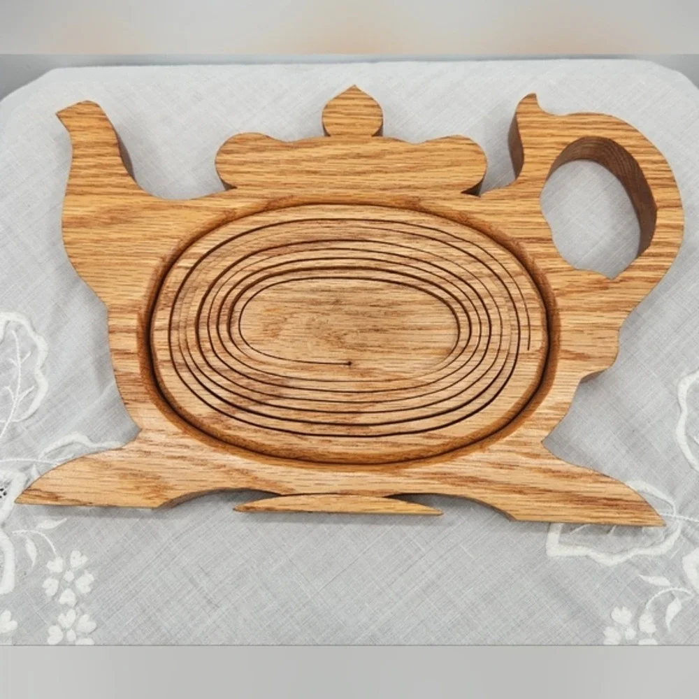 Handmade Oak Wood Teapot Folding Fruit Basket Collapsible Trivet‎ Kitchen Decor